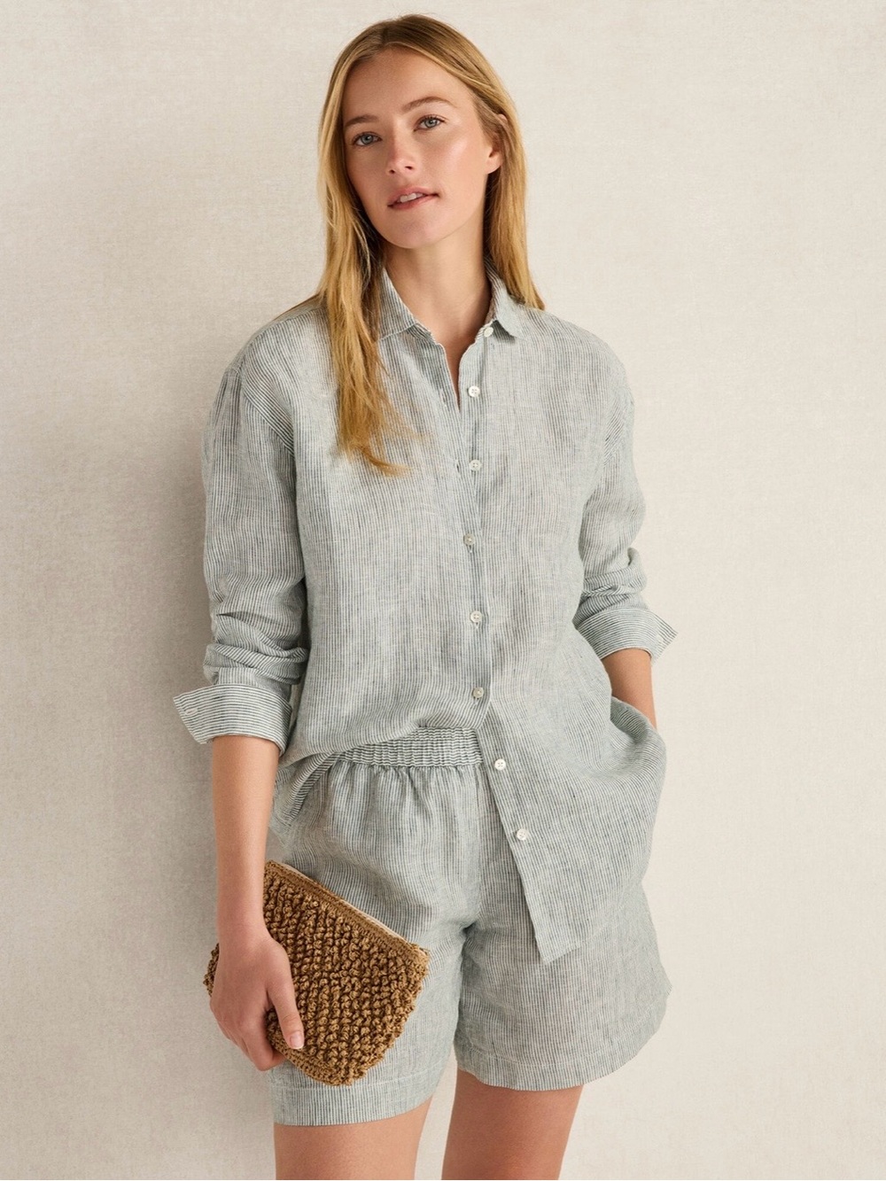 HAVEN WELL WITHIN Linen Long Sleeve Button-Down Shirt Deep Turquoise Stripe -NWT